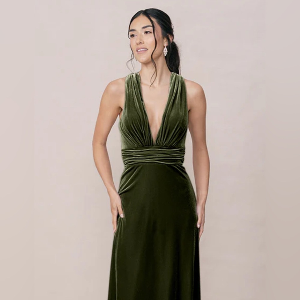 Revelry olive green velvet plunging crossback bridesmaid dress - size 4